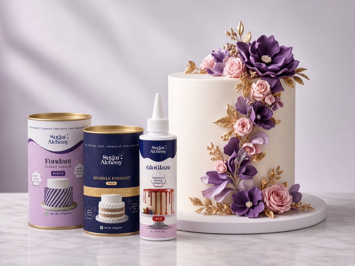 Fondant celebration cake with Sugar Alchemy packaging