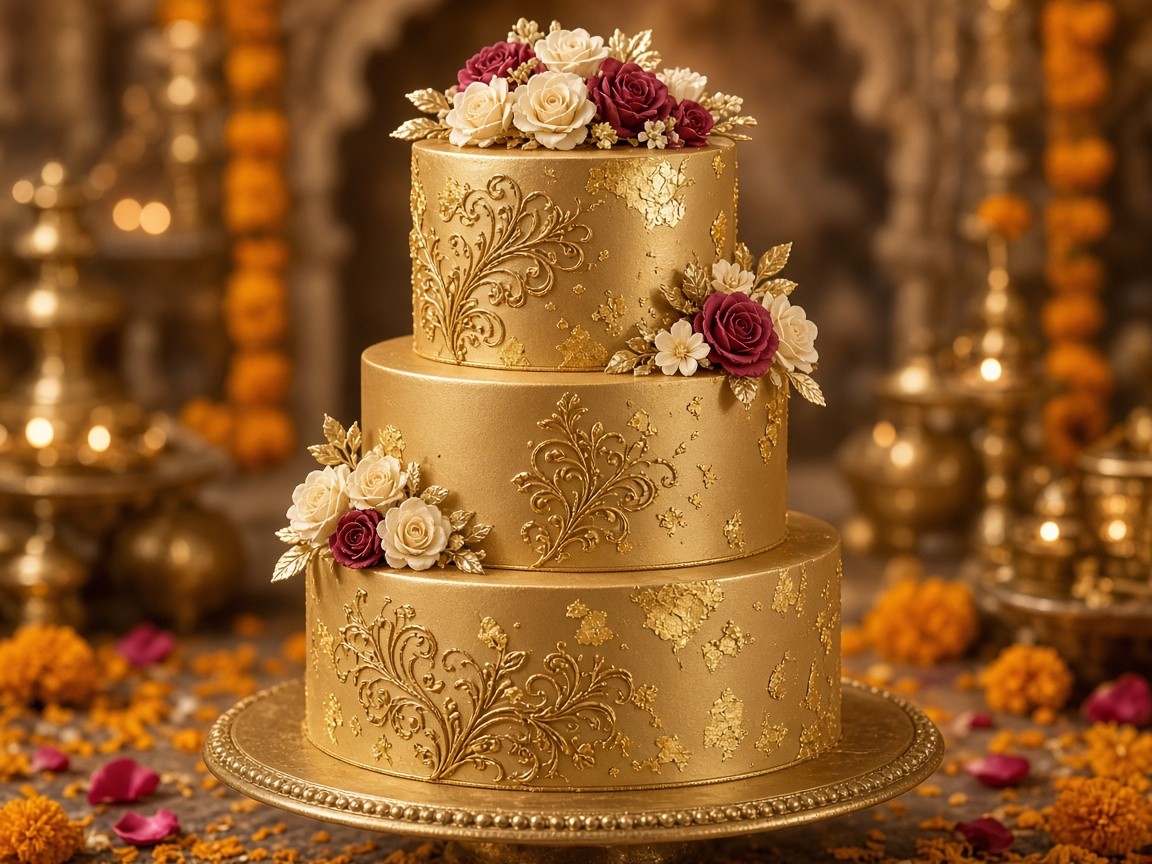 Indian wedding cake in gold fondant